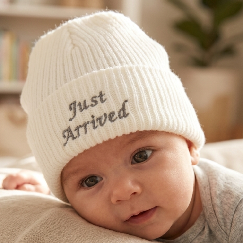 KW107: Baby Embroidered Just Arrived Knitted Hat (Newborn -3 Months) KW107: Baby Embroidered Just Arrived Knitted Hat (Newborn -3 Months)